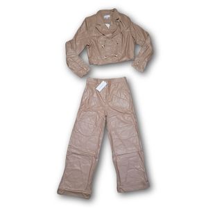 Hot & Delicious Laftre Faux Leather Cropped Blazer Set Beige NWT L